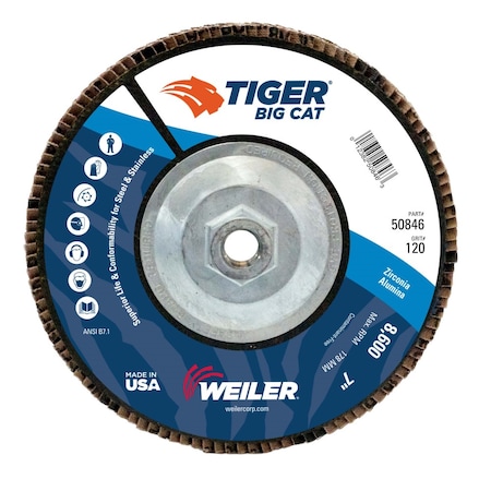 Weiler 7" Big Cat Abrasive Flap Disc, Flat (TY27), 120Z, 5/8"-11 UNC 50846